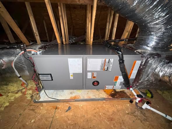 Attic air handler with insulated flex duct and a new drain line