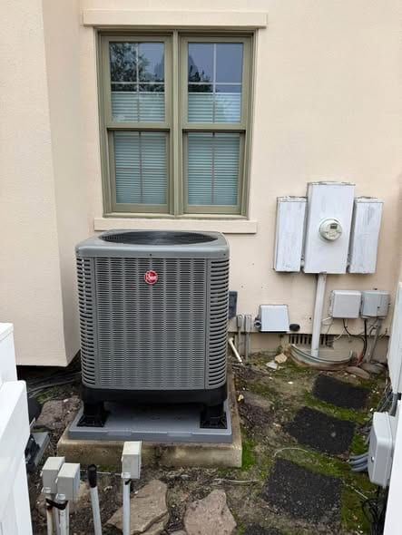 New outdoor unit on a pad beside a stucco wall and electric meters